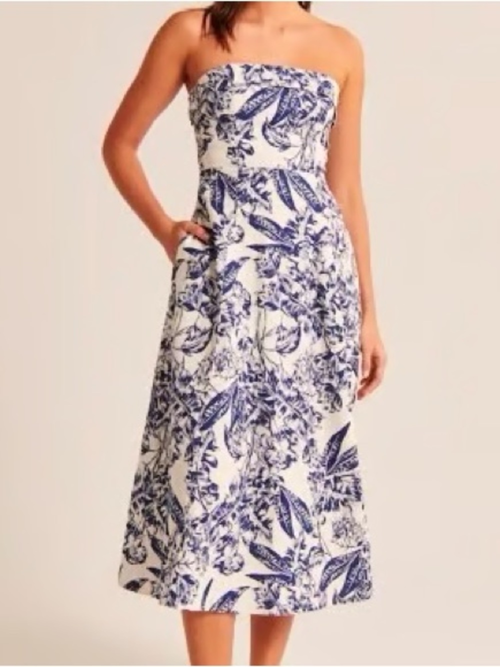 NWT Abercrombie & Fitch White Strapless Midi Linen Blend Dress XL Blue Floral